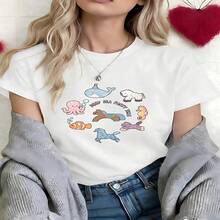 Kawaii Sea Party Graphic T-Shirt, 100% Cotton Oversized Soft Breathable Casual Crewneck Short Sleeve Top, Summer Vibes Aesthetic Streetwear Tee For Women & Ocean Lovers - 白色 - 查看 11