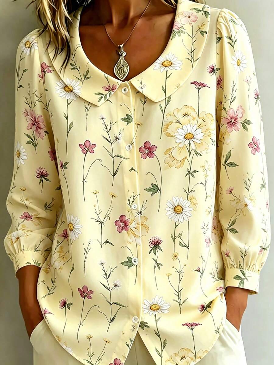 Elegante lässige französische süße Damenbluse mit Peter-Pan-Kragen, gelbem Ditsy-Blumenmuster, 2026 neu für Frühling/Sommer, langärmelig mit Puffärmeln, sanfter Stil, verjüngender Muster, für Pendeln, Dates, Urlaub, modisch vielseitig, atmungsaktiver Chiffon