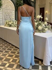 Women's Pleated Sexy One Shoulder Maxi Dress High Split Slim-Fit Cocktail Party Evening Gown,Easter Women Dress - 藍色 - 查看 2