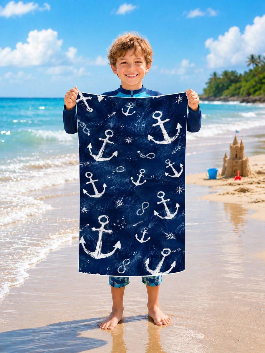 1pc Anchor Pattern Blue Children's Beach Towel Bath Towel, Microfiber Oversized Beach Blanket, Super Absorbent Bath Towel, Suitable For Travel, Pool, Diving, Surfing, Yoga, Camping, Multiple Sizes, Beach Accessories, Suitable For Beach, Pool, Travel, Camping, Yoga - Multicolor - View 1