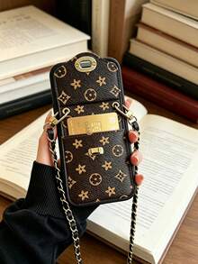 1 pieza Funda de teléfono cruzada con estilo de fragancia de lujo, monograma, contraste y cierre de cadena, cuero acolchado con patrón vintage premium, funda protectora portátil con cadena de cuero para monedas y tarjetas para mujeres, compatible con Apple/ Galaxy S24 Ultra/ 17 Pro Max/16 Pro Max/12 Pro/13/14 Plus/15 Pro Max - Marrón - Ver 8
