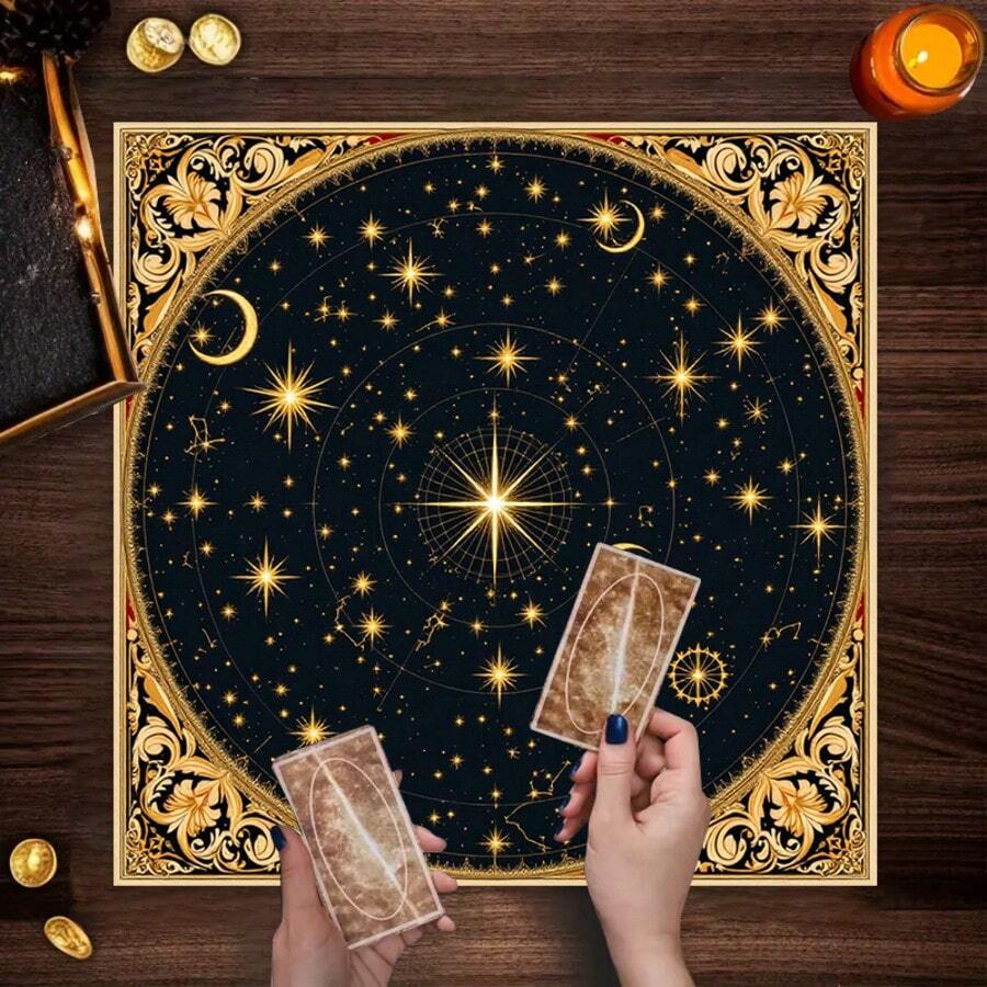 1pc Starry Sky Design Tarot Tablecloth Altar Cloth Tarot Card Reading Home Decor Astrology Countertop Mat Home Decor - Black - View 1