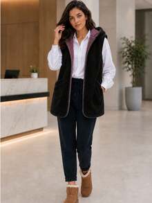 Women's Winter Fleece Vest With Reversible Hood. - 黑色 - 查看 3