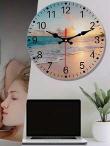 One Coastal Beach Sunset Wall Clock, Silent, Tick-Free, Wooden Round Decorative Clock With Sea View, Battery Powered (AA Batteries Not Included), Home Decor Gift, 12-Digit Display. - 1PC - 查看 2