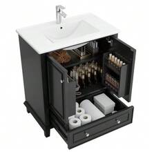 Mueble de baño independiente de 76 x 46 x 87 cm con lavabo integrado, patas de madera maciza, totalmente lacado, resistente a la humedad y al agua, amplio espacio de almacenamiento, lavabo cerámico integrado, color gris. - Negro - Ver 1