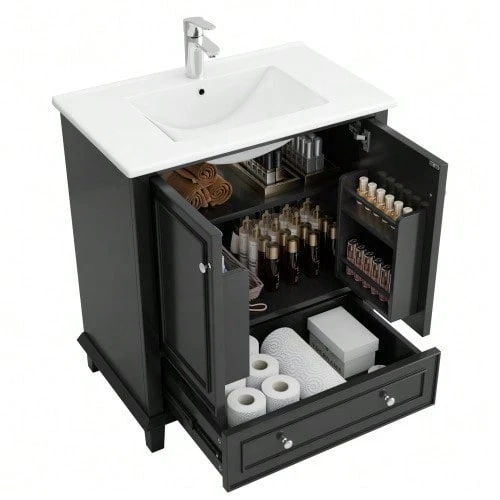 Mueble de baño independiente de 76 x 46 x 87 cm con lavabo integrado, patas de madera maciza, totalmente lacado, resistente a la humedad y al agua, amplio espacio de almacenamiento, lavabo cerámico integrado, color gris. - Negro - Ver 1