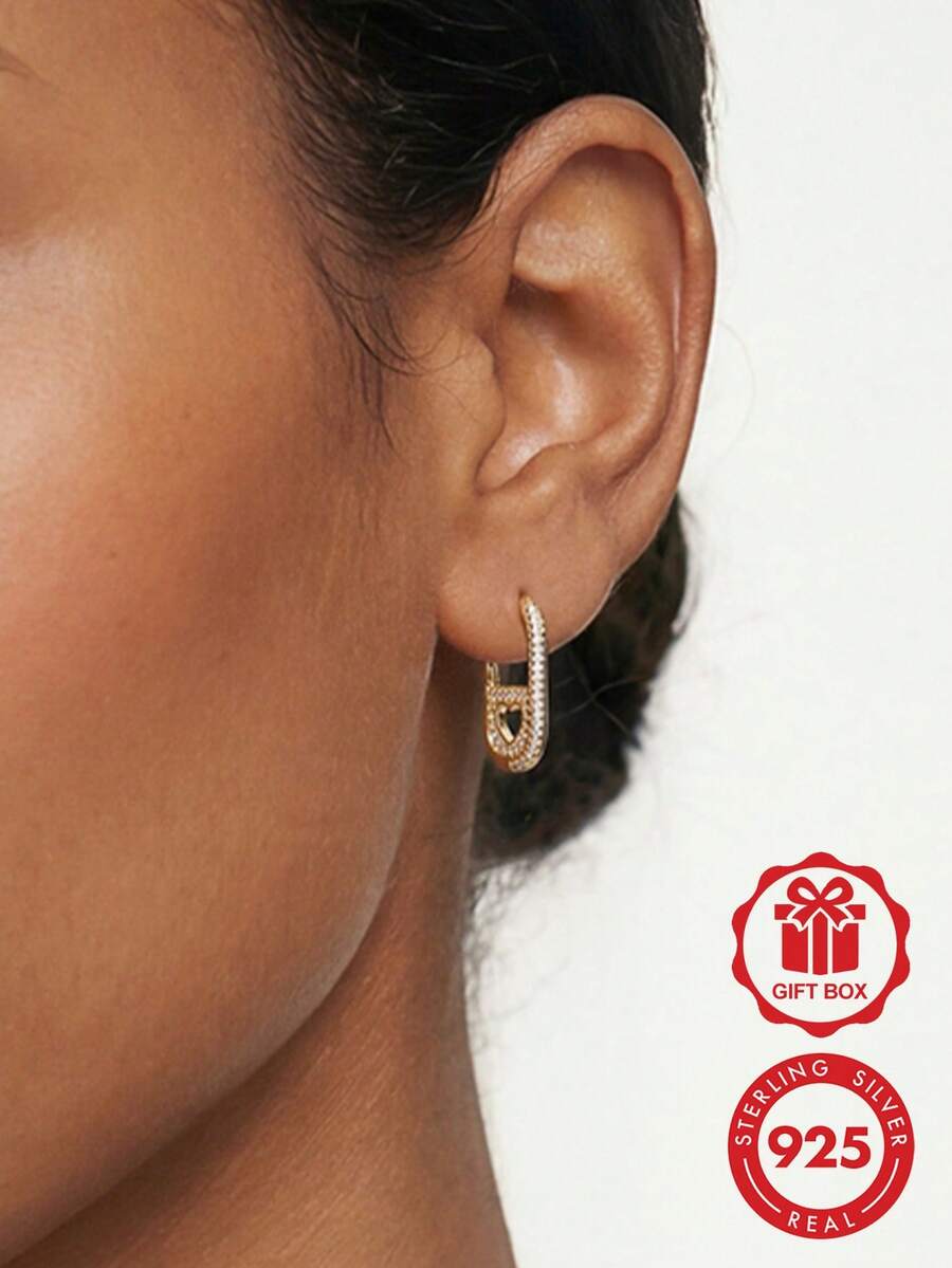 1 Pair Original 925 Sterling Silver Plated 18K Gold Hollow Heart U-Shaped Women's Fashion Elegant Earrings, Suitable For Daily Wear, Party, Shopping And Other Occasions, Exquisite Jewelry Gift - Gold - View 1