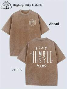 Men's Fashion T-Shirt With Front And Back Printed Designs, High-Quality Heavy-Washed Men's Tee, Vintage Distressed Men's Top, Round-Neck Loose-Fit Plu - 咖啡棕 - 查看 1