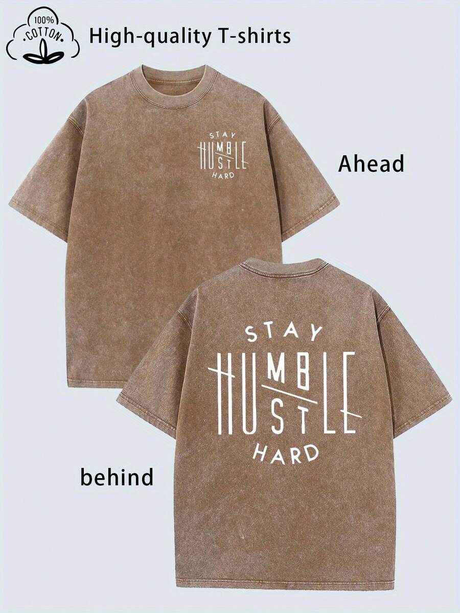 Men's Fashion T-Shirt With Front And Back Printed Designs, High-Quality Heavy-Washed Men's Tee, Vintage Distressed Men's Top, Round-Neck Loose-Fit Plu - 咖啡棕 - 查看 1