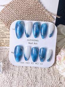 10 Pieces Of Handcrafted Almond-Shaped Nail Art In Blue/Black With Cat Eye Detailing And Fine Glitter. Accented With Silver Sequins. A Tie-Dye Design Exuding High-End, Luxurious, And Refined Elegance, Reminiscent Of Sinking Into The Ocean. Nails Handmade Press On Nails - Blue - View 14