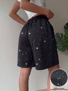 Quần short Bermuda nữ mùa hè kiểu dáng thường ngày, thoải mái, có dây rút, đính sequin, ống rộng, cạp chun, chất liệu mềm mại, có thể mặc nhà. - màu đen - Xem 5