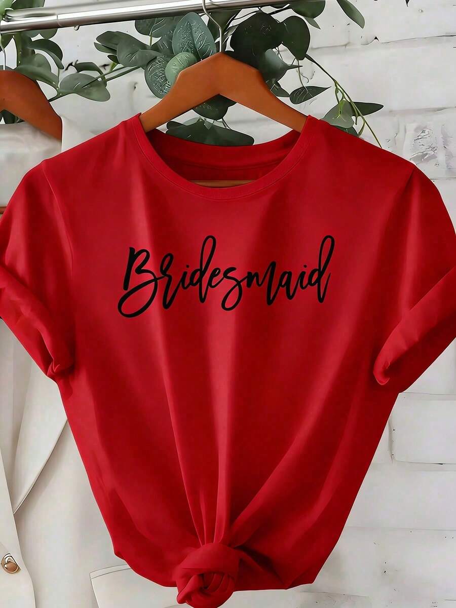 Women's Short Sleeve Crew Neck T-Shirt, Cursive Letter Print T-Shirt For Bridesmaids, Casual T-Shirts For Weddings, Bachelorette Parties And Everyday Wear. - 紅色 - 查看 1