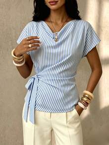 Buzzelle 1pc Striped Polyester Asymmetric/Asymmetrical Front Tie Bow Women's Blouse, Office Vacation Home Daily Summer - Baby Blue - View 7