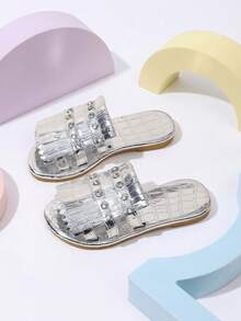 1 Pasang Sandal Selop Fashion Anak-Anak Musim Panas Baru Warna Perak Timbul, Tali Ganda dengan Dekorasi Berlian Imitasi, Sandal Selop Minimalis Serbaguna untuk Liburan Pantai Anak Perempuan, Cocok untuk Liburan, Pantai, Jalan-jalan Sehari-hari, dan di Rumah - Perak - View 5
