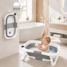 Foldable Baby Bathtub, Suitable For Newborns To Infants Aged 0-12 Months, Comes With A Soft Cushion And Thermometer,Portable Travel Baby Tub For New - 灰色 - 查看 5
