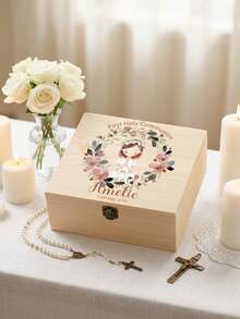 1pc Customized First Communion Keepsake Box, Personalized Religious Baptism Wooden Storage Box, Communion Gift, Floral & Cross Children's Gift Box - Multicolor - View 22