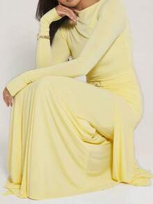 DOUCIU Solid Color Asymmetrical Shape Long Sleeve Flared Elegant Dress Party Birthday Event Outfit - Yellow - View 5