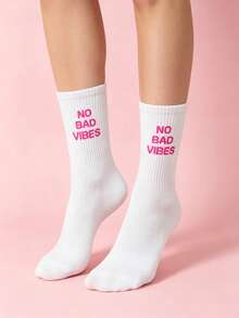 1 Pair Women's NO BADVIBES Letter Print Crew Socks, Casual Ribbed Knit Mid-Calf Socks, Fashionable Daily Sports Comfortable Socks - Multicolor - View 6