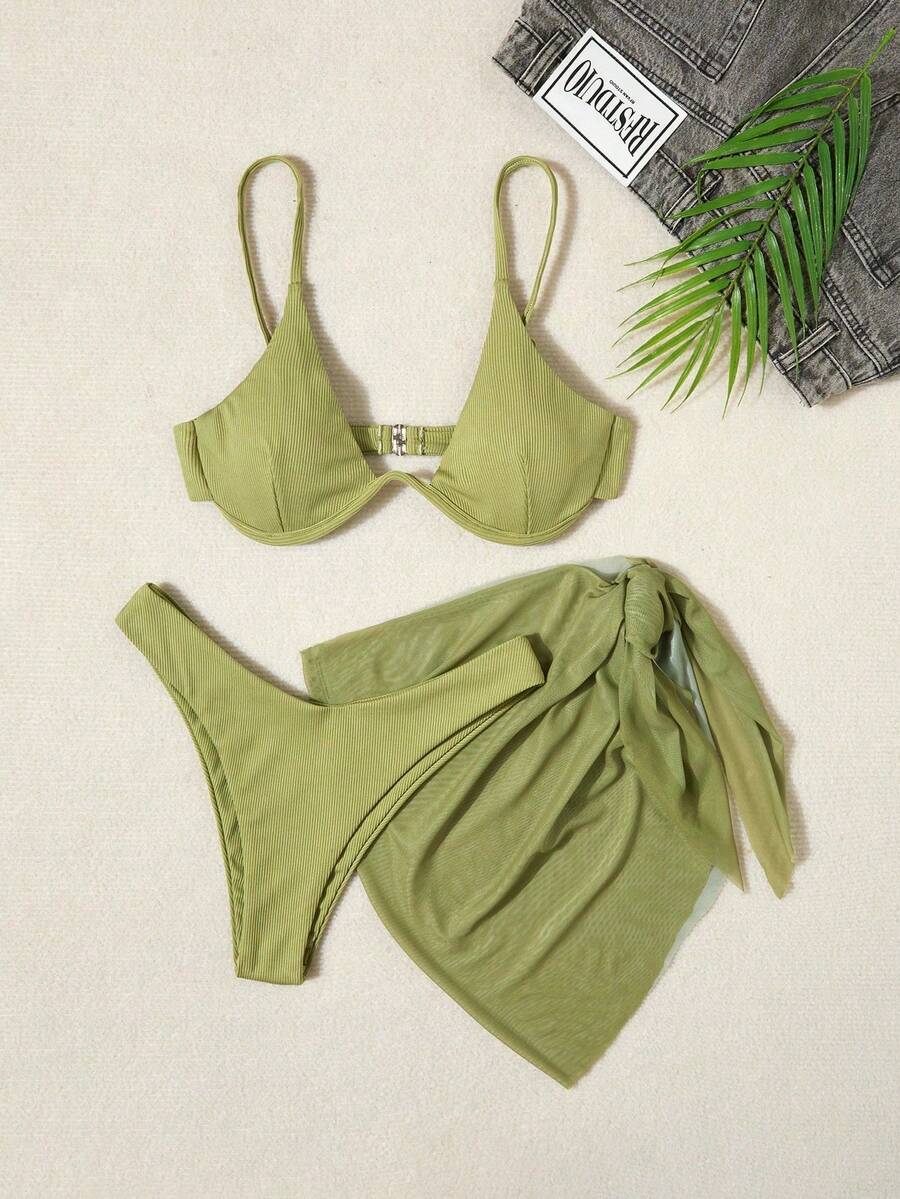 Swim Conjunto de 3 piezas de bikini de verano con sujetador con aros, pantalón y cubre - Verde Oliva - Ver 1