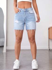 Light Wash High Waist Ripped Denim Shorts, Women's Summer Beach Vacation Casual Distressed Frayed Jean Shorts - Blue - View 3