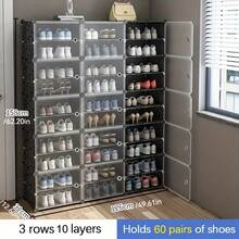 Shoe Rack With Door, Shoe Cabinet Storage, Portable Shoe Rack, Expandable Vertical Shoe Rack, Can Store 8-60 Pairs Of Shoes, Boots, Slippers, Large DIY Plastic Detachable Shoe Rack, Suitable For Entryway, Bedroom, Multiple Colors Available - Black - View 2