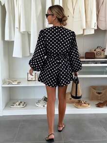 Women's Black Polka Dot V-Neck Lantern Sleeve Cinched Waist Romper - Black - View 2