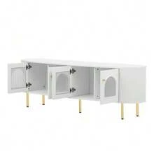 Low TV Unit With Glass Doors, Practical Storage Unit For The Living Room, Gold Handles And Legs - White - View 10