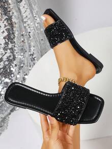 1 Pair Flat Slide Sandals/Solid Color Flat Design Shiny Upper Exquisite Design Rhinestone Decor Easy To Put On And Take Off Easy To Clean Elegant Sophisticated Fashion Versatile Suitable For Daily Wear Shopping Dating Vacation Travel Must-Have Slide Sandals - Black - View 8