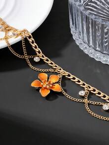 1pc Sparkling Vacation Style Line Tassel Handmade Oil Drip Vibrant Orange 5-Petal Flower Pendant Women's Multi-Layer Anklet - Orange - View 2