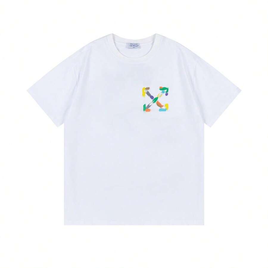 Primavera/Verano Nueva Camiseta Unisex de Manga Corta con Cuello Redondo y Diseño de Flecha Pintada a Mano OW, Camisetas de Lujo, Tops de Marca, Camisetas de Moda. - Blanco - Ver 1