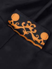New Vintage Palace Style Jacket, Black Base With Striking Orange Vine Print, Stand Collar Design Showcases Noble Elegant. Cuffs Accented With White Lace Trim, Exquisite Details Highlight Luxury And Elegance. Eye-Catching Costume For Halloween, Masquerade Ball - Black - View 8