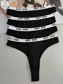 4pcs Women's Multi-Color Letter Print Comfortable Sports Fashion Thongs, All Season - Black - View 1