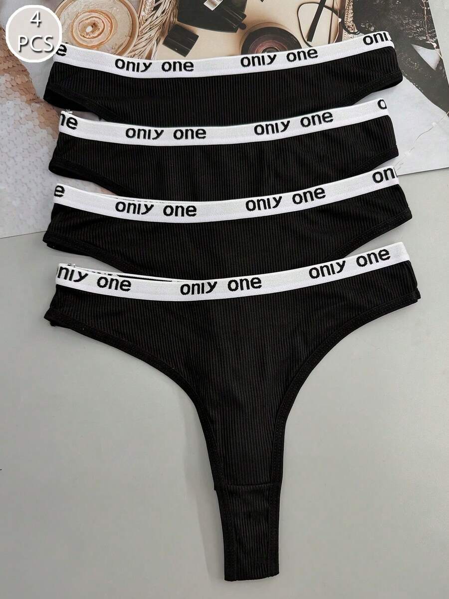 4pcs Women's Multi-Color Letter Print Comfortable Sports Fashion Thongs, All Season - Black - View 1