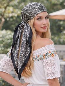 1 pieza Elegante Pañuelo Cuadrado de Seda Artificial con Estampado Paisley Vintage Fino de Satén, Pañuelo de Cuello Estilo Bohemio para Mujer, Pañuelo Ligero y Cómodo para la Cabeza de Mujer - Negro - Ver 7