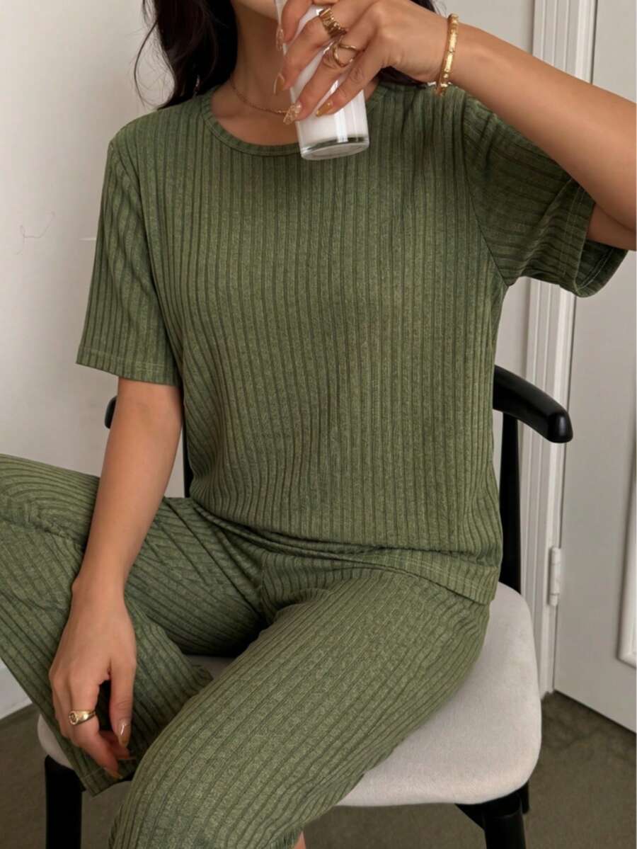 女士纯色竖条纹短袖上衣和阔腿裤两件套，舒适宽松，高腰设计，抗皱，四季皆宜，休闲睡衣套装