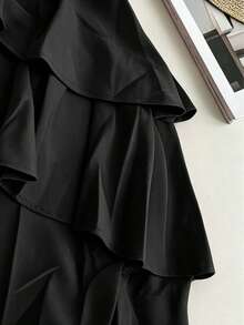 1pc Solid Color Ruffle/Frill Twist Multi-Layered Off-Shoulder Jumpsuit Summer Black - Black - View 6