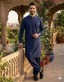 Estationeryhouse Raw Silk Kurta Pyjama For Men, With Cotton Lining And 2 Pockets - Navy Blue - View 2