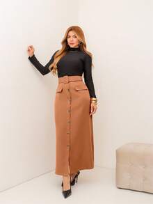 Our Fashionable Women's High-Waisted Midi Skirt With Front Buttons And Belt – Elegant And Versatile In Faux Leather 2026 - 摩卡棕 - 查看 2