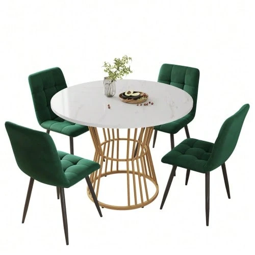Dining Set (5 Pieces), Including A Table And Four Chairs, A Round Table 100 Cm In Diameter With Gold Metal Legs, A White MDF Top And Green Velvet Dining Chairs. - 彩色 - 查看 1
