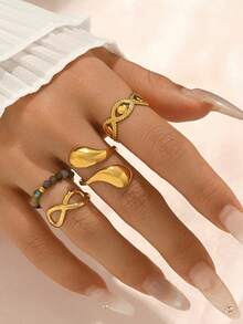 Juego de 3/5 anillos apilables de estilo bohemio en color dorado, que incluye anillo de ojo malvado, símbolo de infinito, anillo abierto en forma de lágrima y anillo decorado con cuentas de piedra natural, hecho de acero inoxidable resistente al agua, adecuado para uso diario - Colocar - Ver 3
