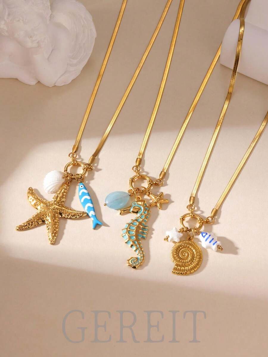 GEREIT 1 pieza Collar con colgante de tortuga, pez y estrella de mar de estilo de vacaciones de moda, chapado en oro de 18K, acero inoxidable, piedra natural y circonita para mujeres, adecuado para usar en vacaciones en la playa - Multicolor - Ver 1