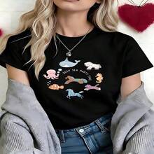 Kawaii Deep Sea Party Time Graphic T-Shirt, 100% Cotton Oversized Soft Breathable Casual Crewneck Short Sleeve Top, Summer Vibes Aesthetic Streetwear Tee For Women & Ocean Lovers - 黑色 - 查看 11