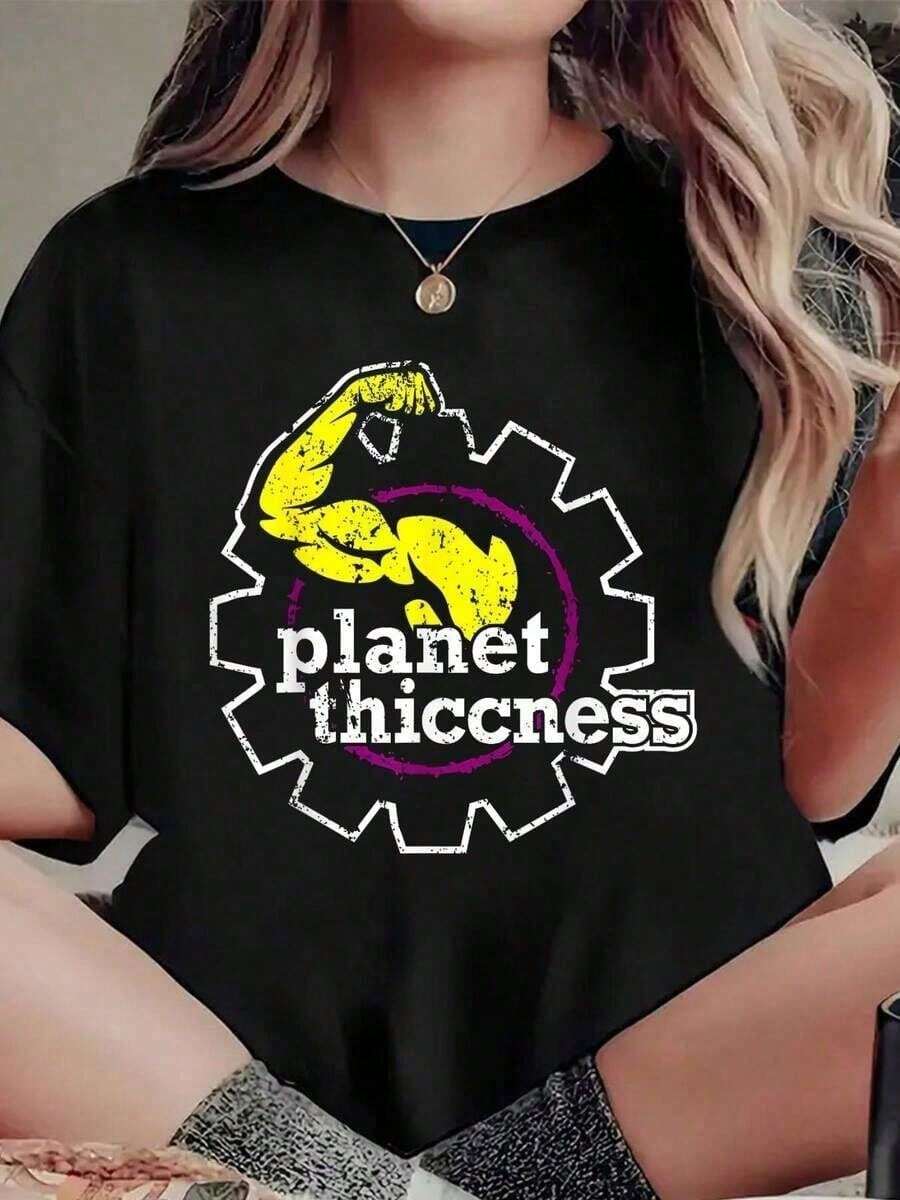 Playera de manga corta mujer Womens Clothes; Camisetas de Verano 1 pieza, Camiseta con Estampado Divertido 'Planet Thiccness Gym Casual de Cuello Redondo y Manga % Algodón - Negro - Ver 1