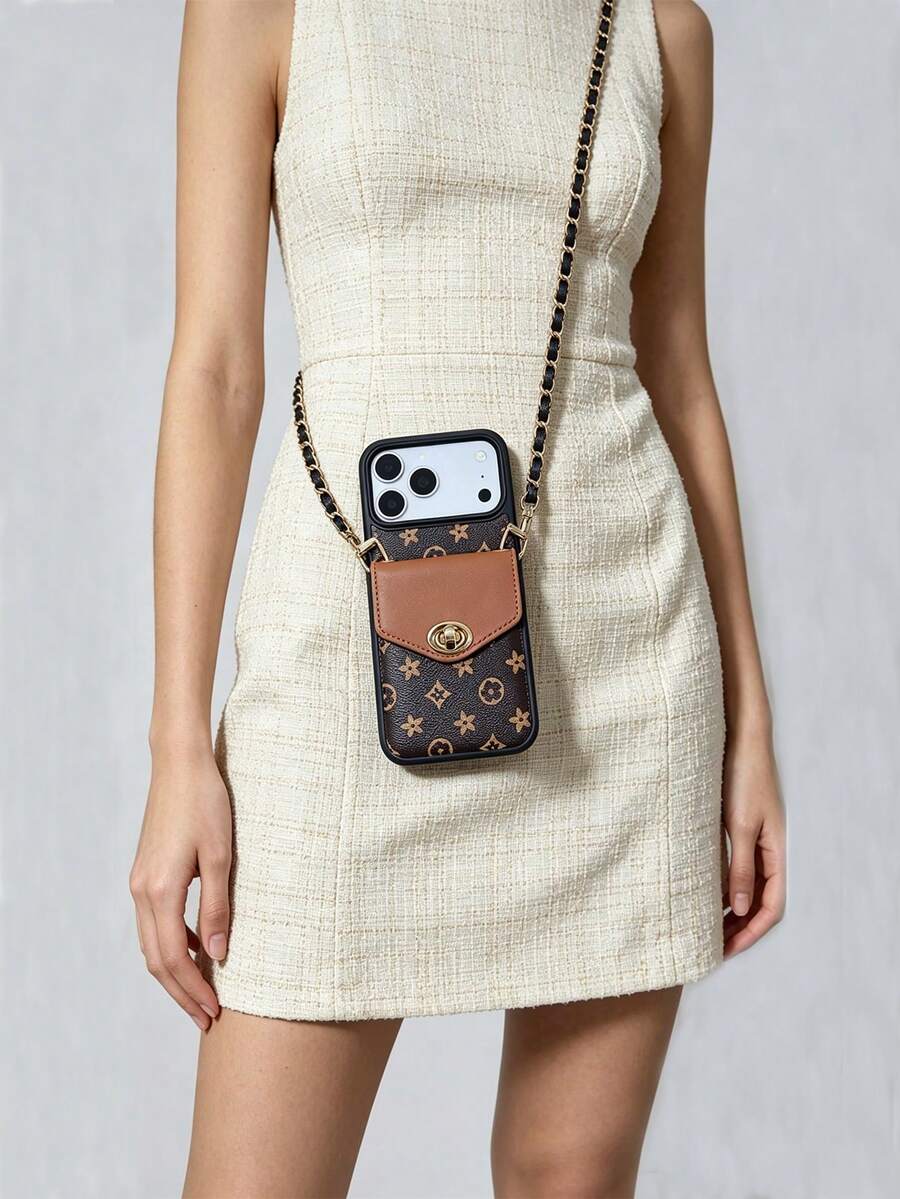 1 pieza Funda de teléfono cruzada con estilo de fragancia de lujo, monograma, contraste y cierre de cadena, cuero acolchado con patrón vintage premium, funda protectora portátil con cadena de cuero para monedas y tarjetas para mujeres, compatible con Apple/ Galaxy S24 Ultra/ 17 Pro Max/16 Pro Max/12 Pro/13/14 Plus/15 Pro Max - Marrón - Ver 1