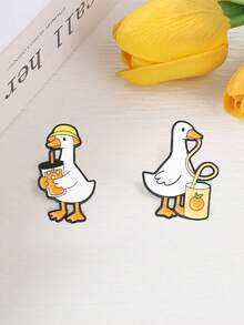 2pcs Summer Juice Goose Enamel Pin Set, Cute Drinking Duckling Matching Brooch, Fun Accessory For Kids & Adults, Perfect Gift Idea - Multicolor - View 6