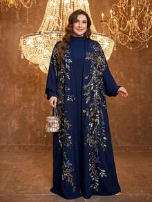 SUPGIR Plus Size Women's V-Neck Straight Flare Sleeve Chiffon Spaghetti Strap Waist Design Elegant Fitted Evening Dress Vacation Fall - Navy Blue - View 4