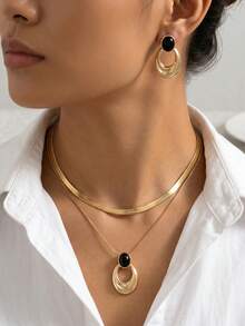 2 ensembles de bijoux goutte d'eau, style minimaliste de luxe, pendentif goutte d'eau creux + chaîne serpent + boucles d'oreilles goutte d'eau assorties + finition polie miroir, convient pour les robes de soirée ou les déplacements quotidiens pour les femmes à la mode - Multicolore - Voir 1