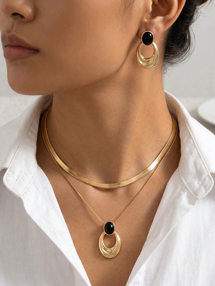 2 ensembles de bijoux goutte d'eau, style minimaliste de luxe, pendentif goutte d'eau creux + chaîne serpent + boucles d'oreilles goutte d'eau assorties + finition polie miroir, convient pour les robes de soirée ou les déplacements quotidiens pour les femmes à la mode - Multicolore - Voir 1