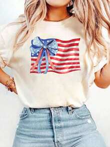 1 Pack Of Girls' Casual Printed Round Neck Short Sleeve T-Shirts, Summer Clothes For Young Students - Apricot 2 - View 1