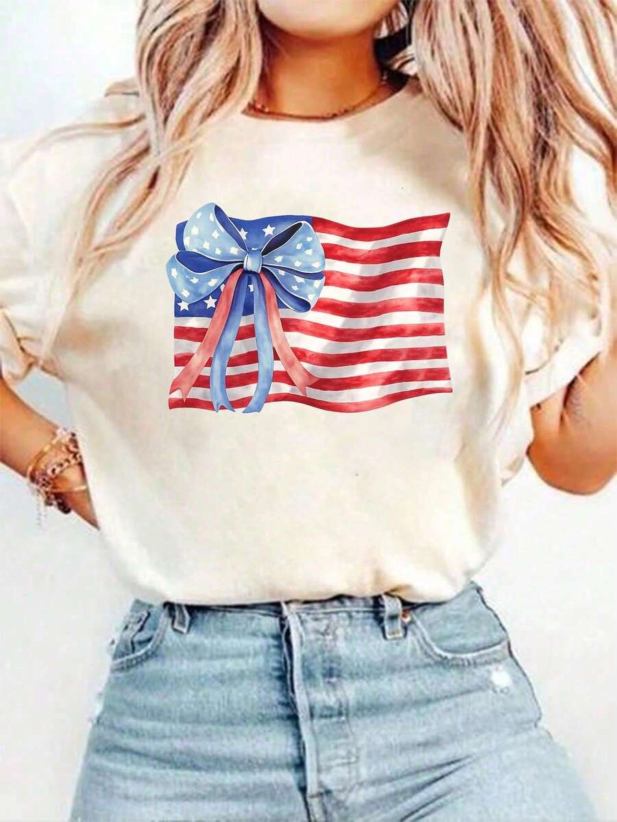 1 Pack Of Girls' Casual Printed Round Neck Short Sleeve T-Shirts, Summer Clothes For Young Students - Apricot 2 - View 1